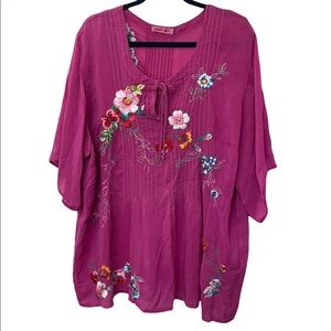 Johnny Was 3X Plus Size Magenta Embroidered Flowy Floral Top Front Tie Boho